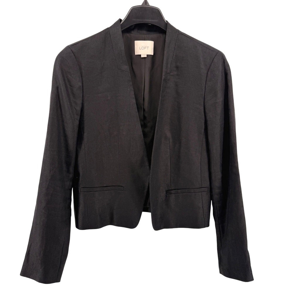 Ann Taylor Loft Blazer Womens 10 Pre-Owned Black Open Collarless 100% Linen‎